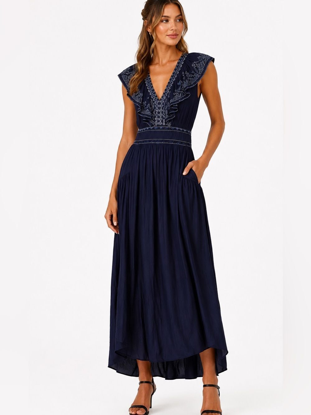 ✨ Ramy Brook Navy Embroidered Ruffle Maxi Dress